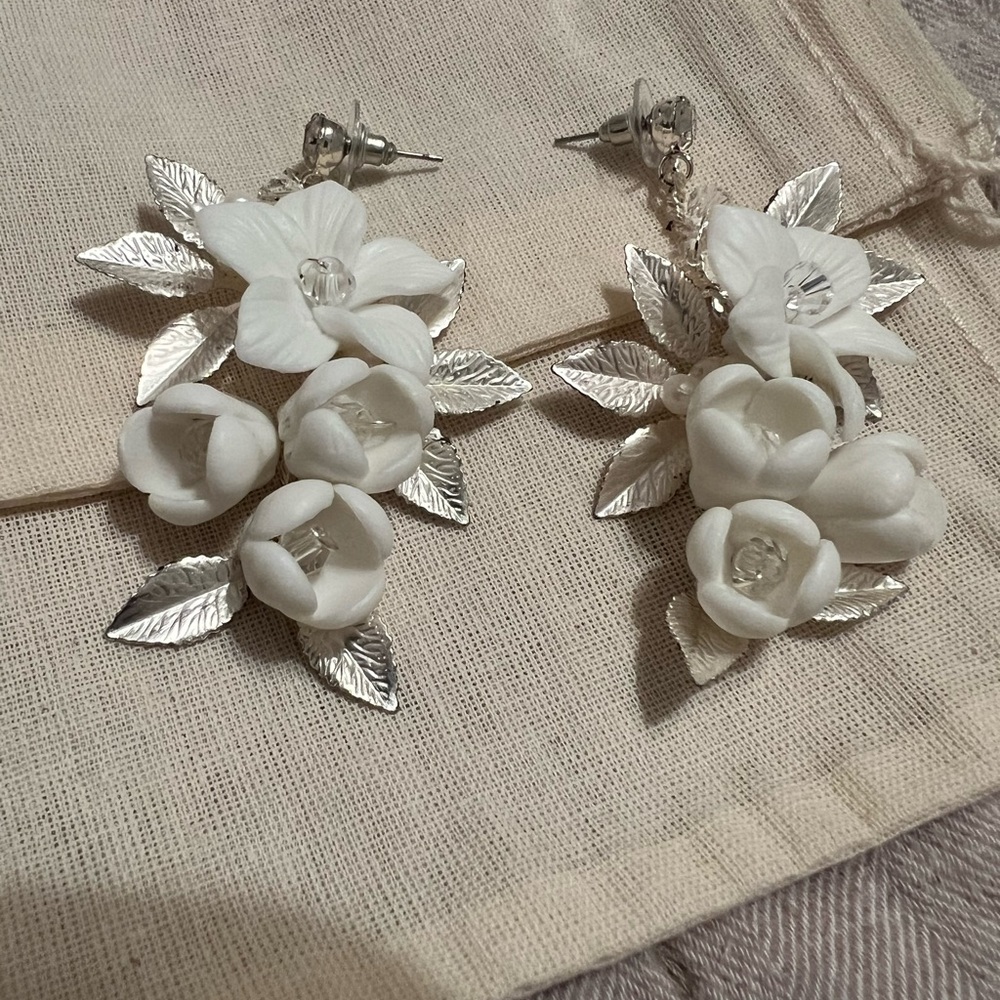 White Porcelain Floral Earrings with Silver Leaves
